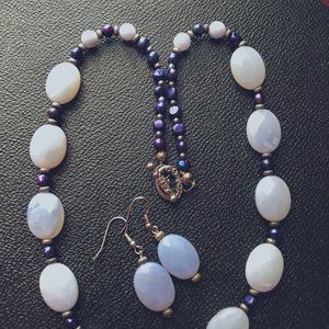HANDMADE in USA  CHalcedony + FW Pearls   Necklace and earrings